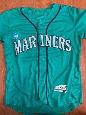 Majestic Teal Seattle Mariners Button-Up Jersey with Navy Trim